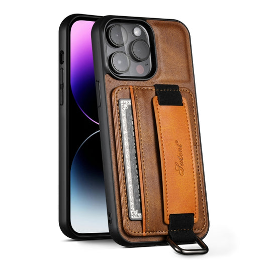 For iPhone 14 Suteni H13 Card Wallet Wrist Strap Holder PU Phone Case(Brown) - iPhone 14 Cases by Suteni | Online Shopping UK | buy2fix