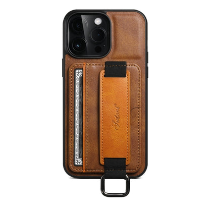 For iPhone 14 Suteni H13 Card Wallet Wrist Strap Holder PU Phone Case(Brown) - iPhone 14 Cases by Suteni | Online Shopping UK | buy2fix
