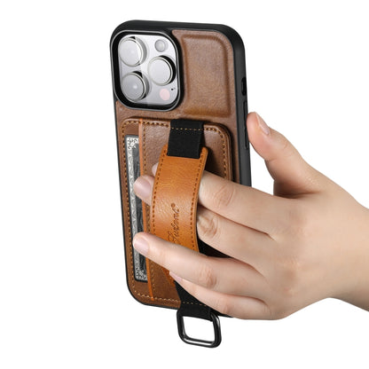For iPhone 14 Suteni H13 Card Wallet Wrist Strap Holder PU Phone Case(Brown) - iPhone 14 Cases by Suteni | Online Shopping UK | buy2fix