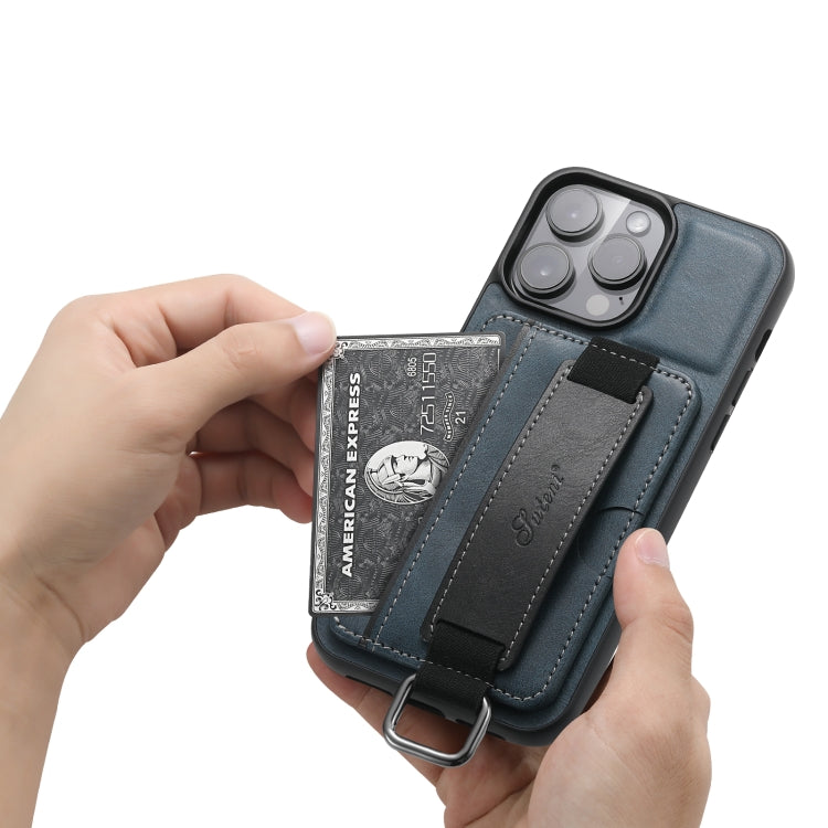 For iPhone 14 Suteni H13 Card Wallet Wrist Strap Holder PU Phone Case(Blue) - iPhone 14 Cases by Suteni | Online Shopping UK | buy2fix
