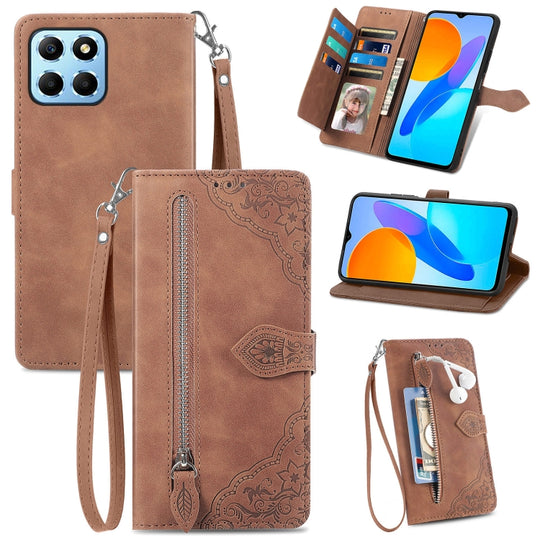 For Honor X8 5G Embossed Flower Shockproof Leather Phone Case(Brown)