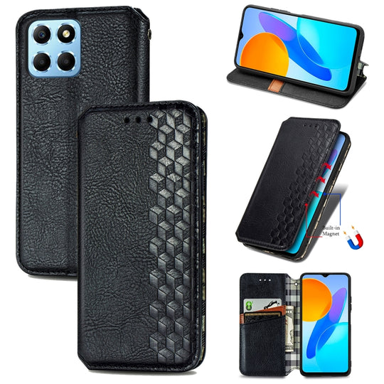 For Honor X8 5G Cubic Grid Pressed Magnetic Leather Phone Case(Black)