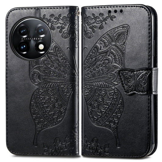 For OnePlus 11 Butterfly Love Flower Embossed Flip Leather Phone Case(Black) by buy2fix