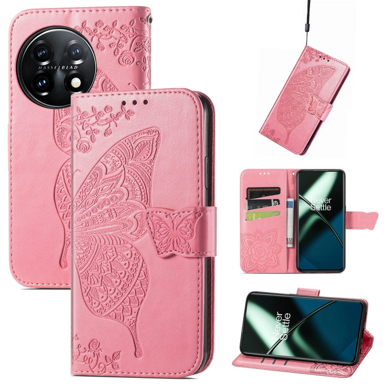 For OnePlus 11 Butterfly Love Flower Embossed Flip Leather Phone Case(Pink) - OnePlus Cases by buy2fix | Online Shopping UK | buy2fix