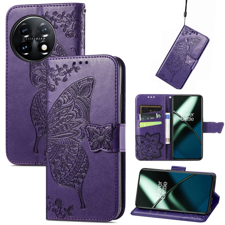 For OnePlus 11 Butterfly Love Flower Embossed Flip Leather Phone Case(Dark Purple) - OnePlus Cases by buy2fix | Online Shopping UK | buy2fix