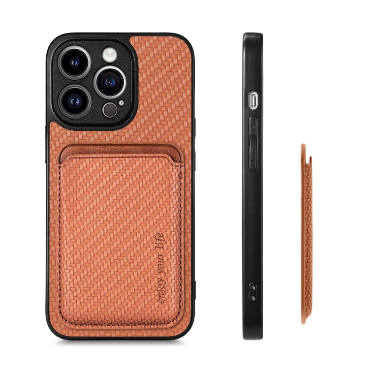 For iPhone 13 Pro Carbon Fiber Leather Card Magsafe Magnetic Phone Case(Brown) - iPhone 13 Pro Cases by buy2fix | Online Shopping UK | buy2fix