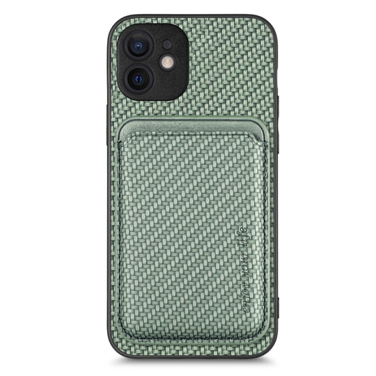 For iPhone 12 mini Carbon Fiber Leather Card Magsafe Magnetic Phone Case(Green)