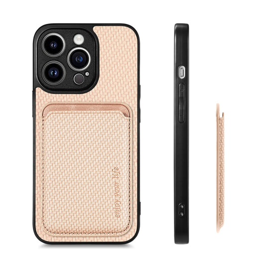 For iPhone 13 Pro Max Carbon Fiber Leather Card Magsafe Magnetic Phone Case(Khaki) by buy2fix