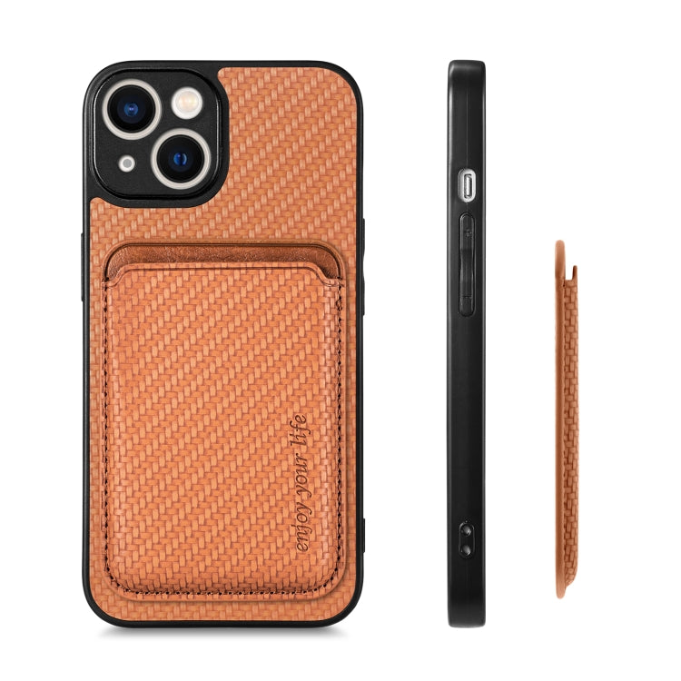 For iPhone 14 Plus Carbon Fiber Leather Card Magsafe Magnetic Phone Case(Brown) - iPhone 14 Plus Cases by buy2fix | Online Shopping UK | buy2fix