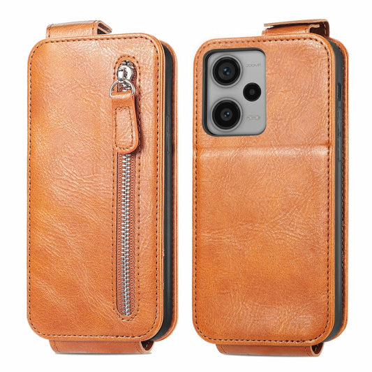 For Xiaomi Redmi Note 12 Pro+ Zipper Wallet Vertical Flip Leather Phone Case(Brown) - Xiaomi Cases by buy2fix | Online Shopping UK | buy2fix