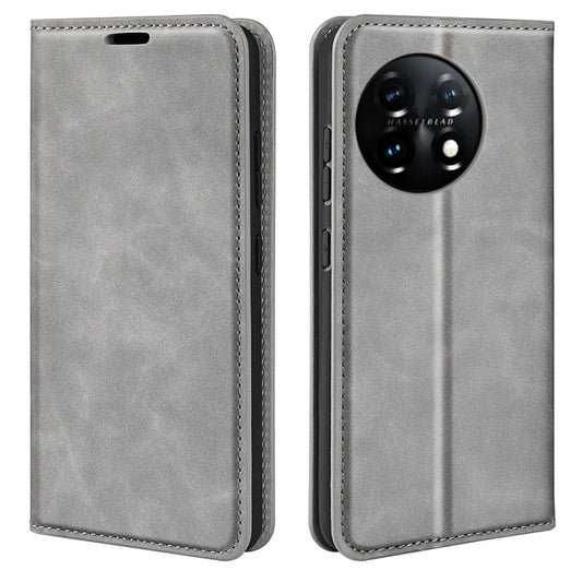 For OnePlus 11 Retro-skin Magnetic Suction Leather Phone Case(Grey) by buy2fix