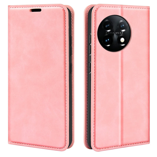 For OnePlus 11 Retro-skin Magnetic Suction Leather Phone Case(Pink) by buy2fix
