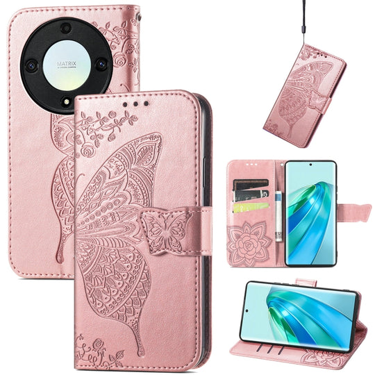 For Honor Magic5 Lite Butterfly Love Flower Embossed Leather Phone Case(Rose Gold)