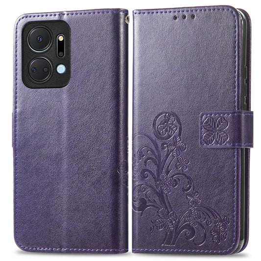 For Honor X7a Four-leaf Clasp Embossed Leather Phone Case(Purple) by buy2fix