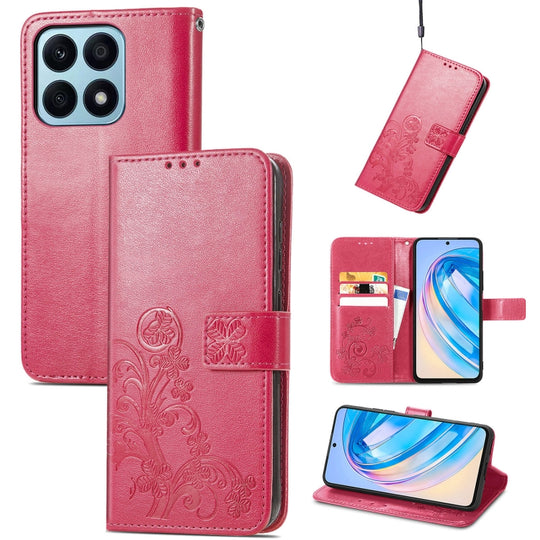 For Honor X8A Four-leaf Clasp Embossed Leather Phone Case(Magenta)
