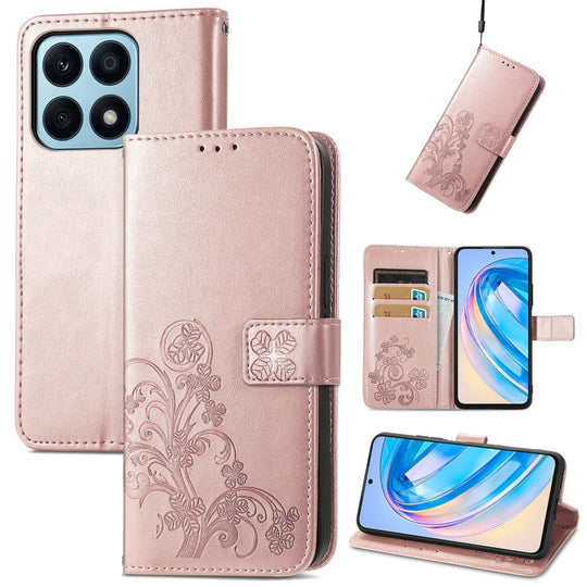 For Honor X8A Four-leaf Clasp Embossed Leather Phone Case(Rose Gold)