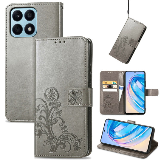For Honor X8A Four-leaf Clasp Embossed Leather Phone Case(Gray)