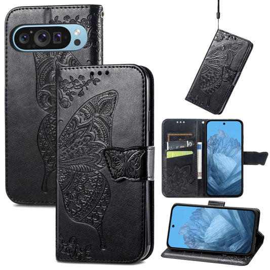 For Google Pixel 9 Butterfly Love Flower Embossed Leather Phone Case(Black) by buy2fix