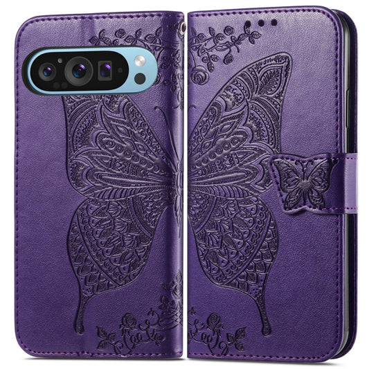 For Google Pixel 9 Butterfly Love Flower Embossed Leather Phone Case(Dark Purple) by buy2fix