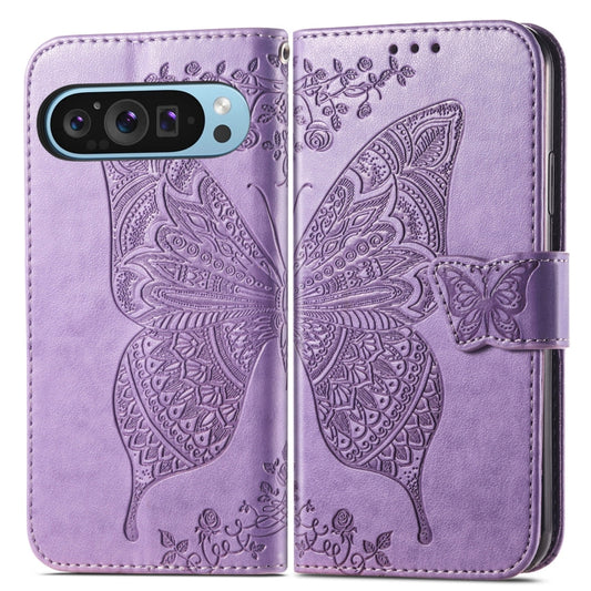 For Google Pixel 9 Butterfly Love Flower Embossed Leather Phone Case(Light Purple) by buy2fix