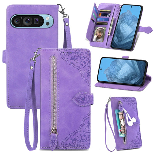 For Google Pixel 9 Pro Embossed Flower Zipper Leather Phone Case(Purple) by buy2fix