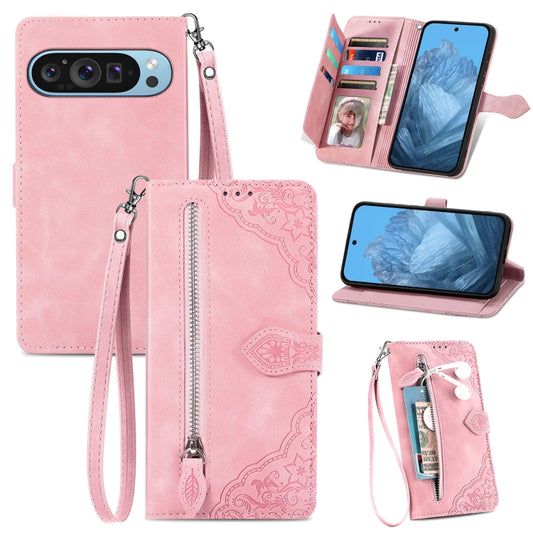 For Google Pixel 9 Pro Embossed Flower Zipper Leather Phone Case(Pink) by buy2fix