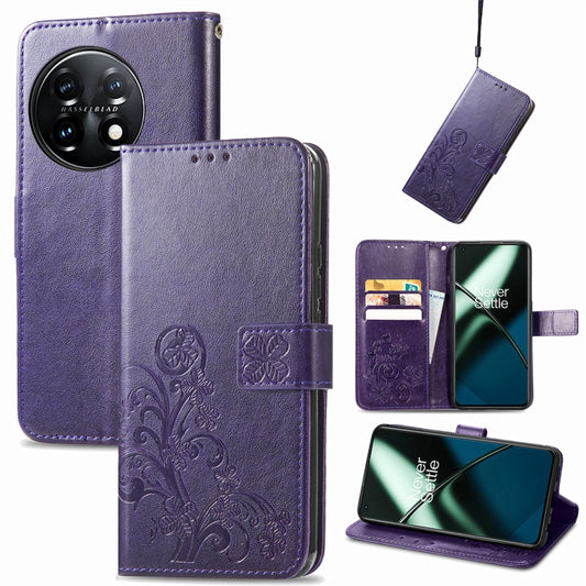 For OnePlus 11 Four-leaf Clasp Embossed Buckle Leather Phone Case(Purple) by buy2fix