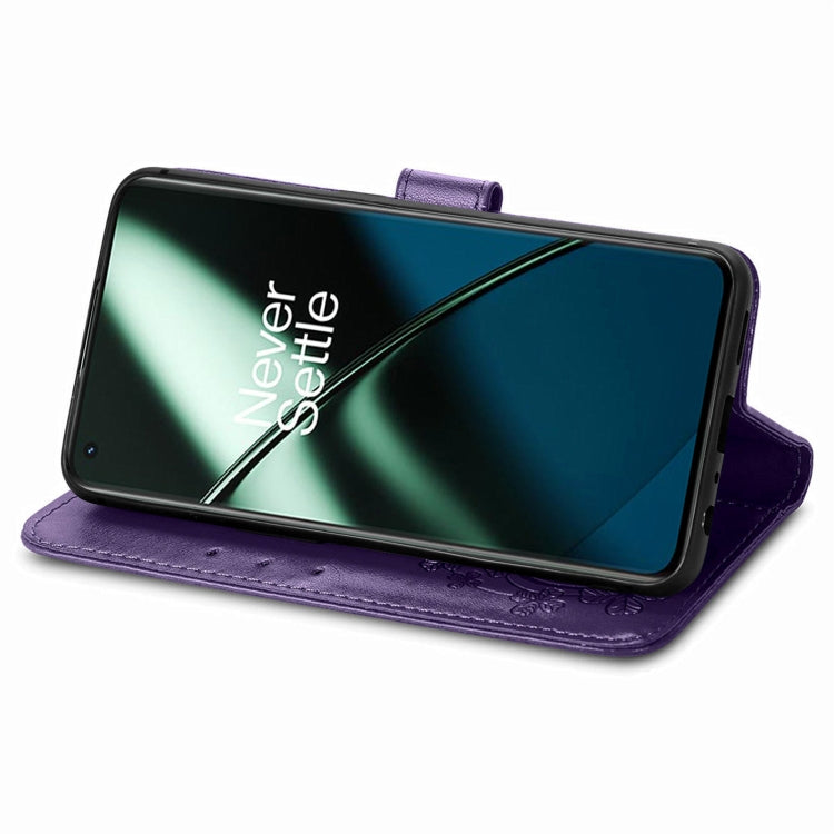 For OnePlus 11 Four-leaf Clasp Embossed Buckle Leather Phone Case(Purple) by buy2fix