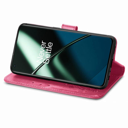 For OnePlus 11 Four-leaf Clasp Embossed Buckle Leather Phone Case(Rose) by buy2fix