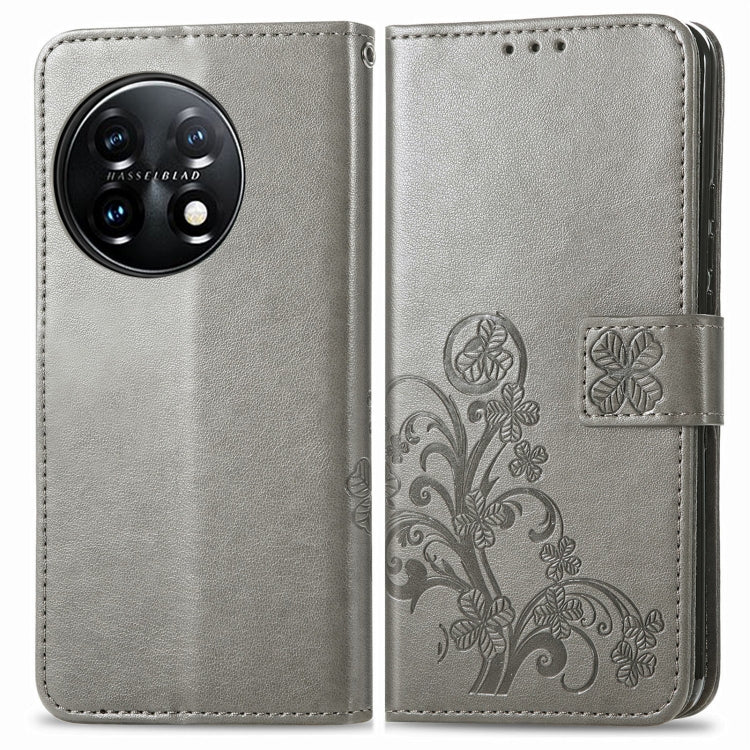 For OnePlus 11 Four-leaf Clasp Embossed Buckle Leather Phone Case(Gray) by buy2fix