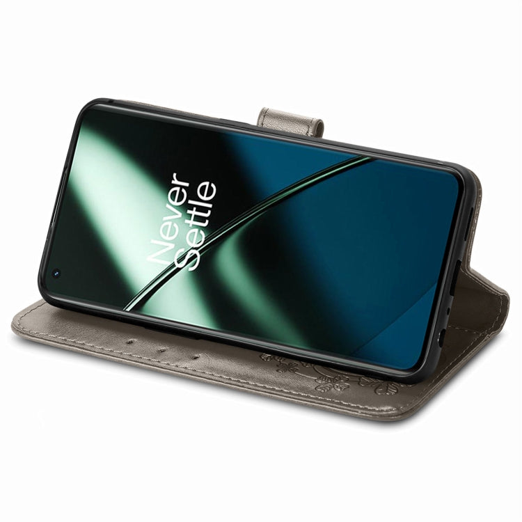 For OnePlus 11 Four-leaf Clasp Embossed Buckle Leather Phone Case(Gray) by buy2fix