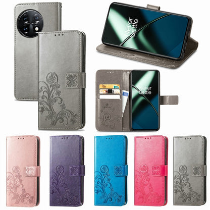 For OnePlus 11 Four-leaf Clasp Embossed Buckle Leather Phone Case(Gray) by buy2fix