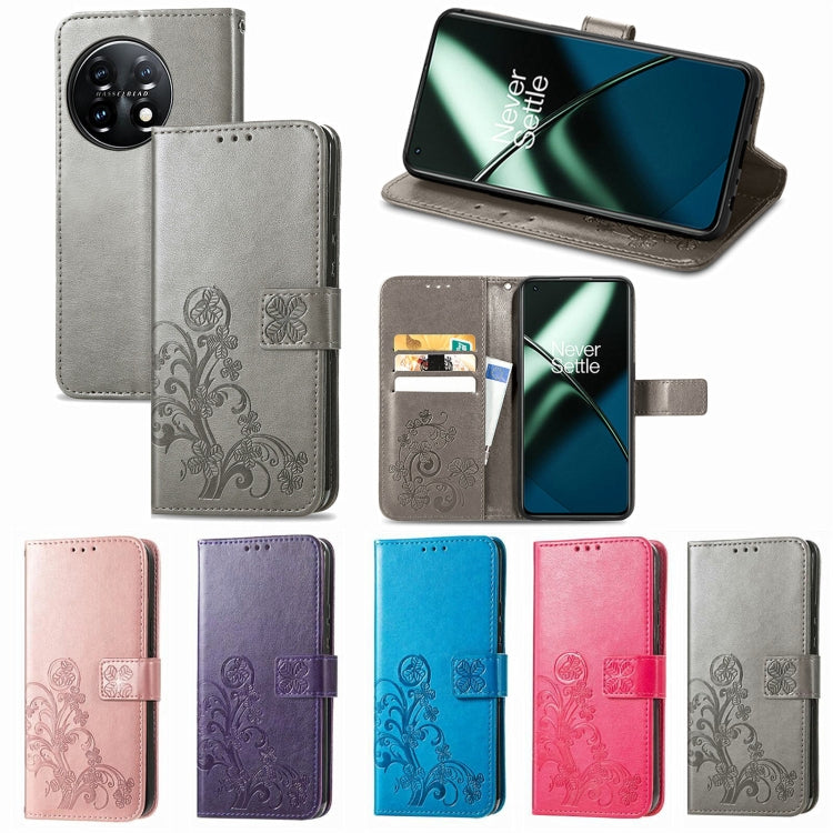 For OnePlus 11 Four-leaf Clasp Embossed Buckle Leather Phone Case(Blue) by buy2fix
