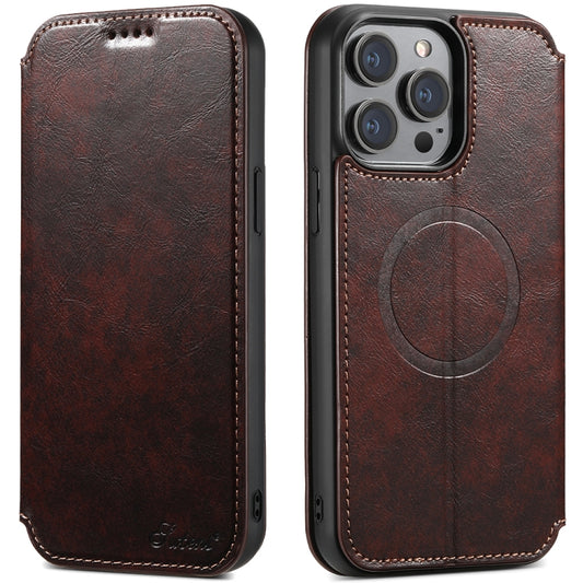 For iPhone 14 Plus Suteni J05 Leather Magnetic Magsafe Phone Case(Brown) - iPhone 14 Plus Cases by Suteni | Online Shopping UK | buy2fix