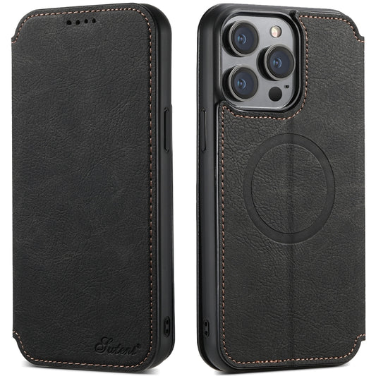 For iPhone 12/12 Pro Suteni J06 Retro Matte Litchi Texture Leather Magnetic Magsafe Phone Case(Black) - iPhone 12 / 12 Pro Cases by Suteni | Online Shopping UK | buy2fix