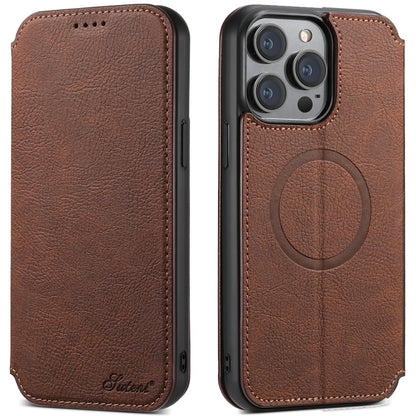 For iPhone 13 Pro Max Suteni J06 Retro Matte Litchi Texture Leather Magnetic Magsafe Phone Case(Brown) - iPhone 13 Pro Max Cases by Suteni | Online Shopping UK | buy2fix