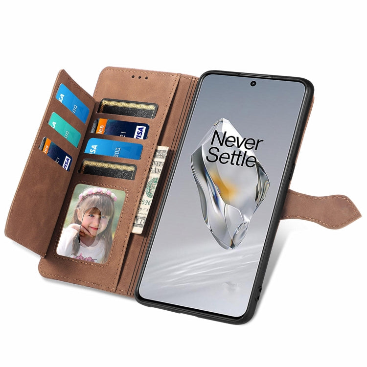 For OnePlus 12 Embossed Flower Zipper Leather Phone Case(Brown) - OnePlus Cases by buy2fix | Online Shopping UK | buy2fix