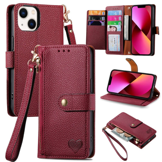 Pour iPhone 13 Love Zipper Lanyard Leather Phone Case (Rouge)