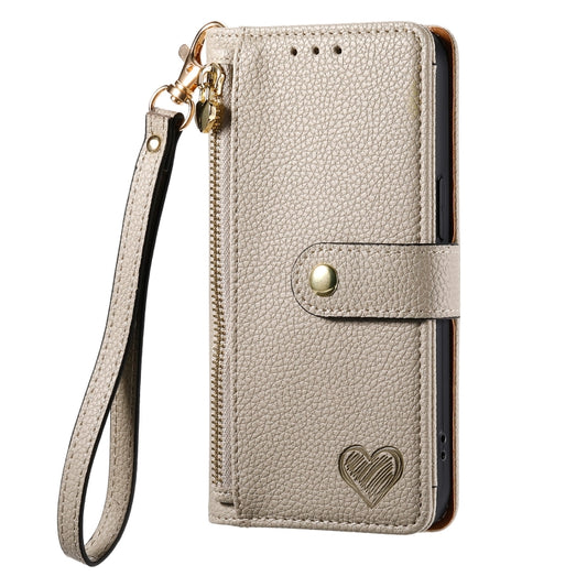 For iPhone 12 / 12 Pro Love Zipper Lanyard Leather Phone Case(Gray) by buy2fix