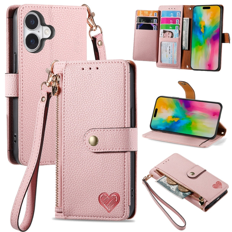 For iPhone 16 Love Zipper Lanyard Leather Phone Case(Pink) - iPhone 16 Cases by buy2fix | Online Shopping UK | buy2fix