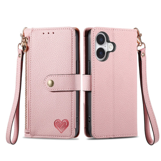 For iPhone 16 Love Zipper Lanyard Leather Phone Case(Pink) by buy2fix