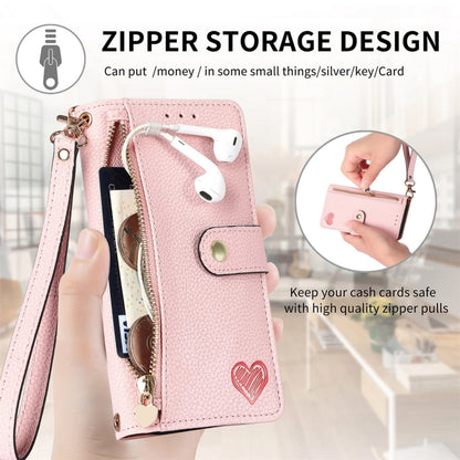 For iPhone 16 Love Zipper Lanyard Leather Phone Case(Pink) - iPhone 16 Cases by buy2fix | Online Shopping UK | buy2fix