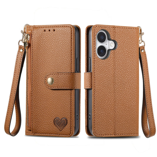 For iPhone 16 Love Zipper Lanyard Leather Phone Case(Brown) by buy2fix