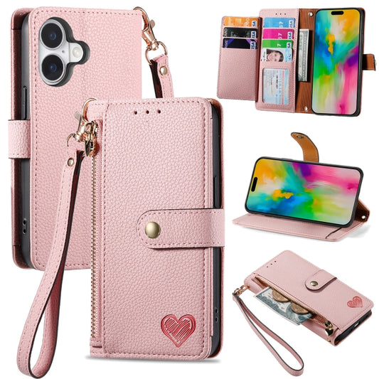 For iPhone 16 Plus Love Zipper Lanyard Leather Phone Case(Pink) by buy2fix