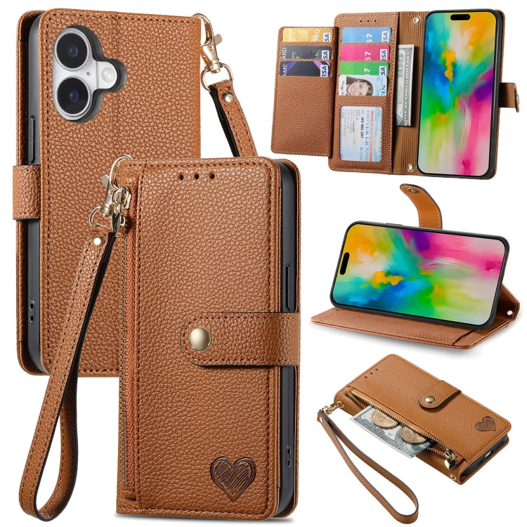 For iPhone 16 Plus Love Zipper Lanyard Leather Phone Case(Brown) by buy2fix