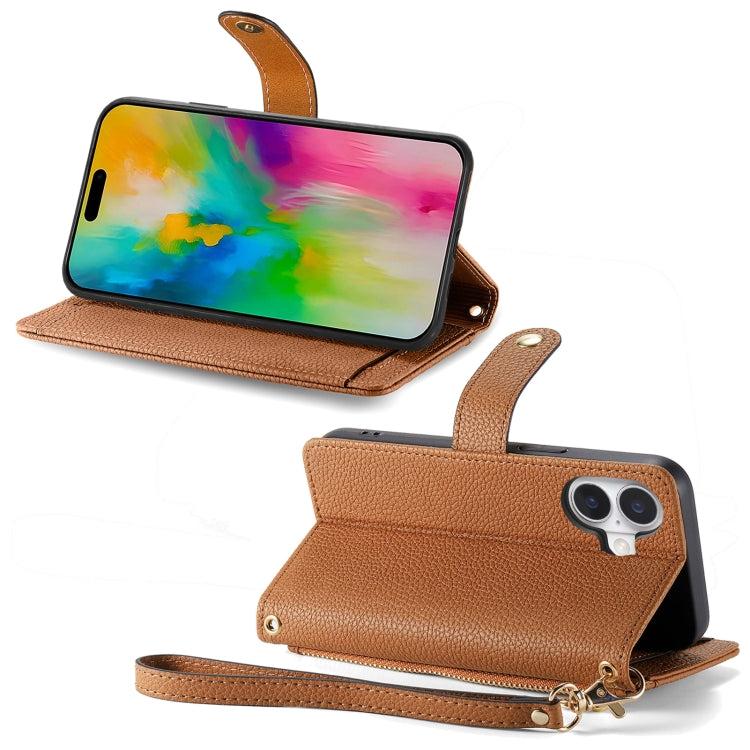 For iPhone 16 Plus Love Zipper Lanyard Leather Phone Case(Brown) by buy2fix