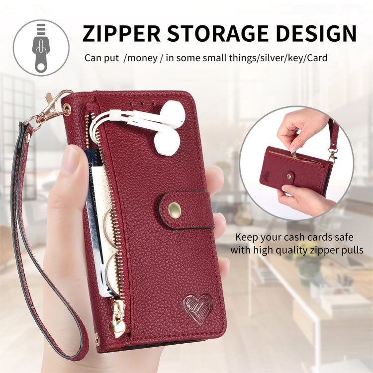 For iPhone 16 Plus Love Zipper Lanyard Leather Phone Case(Red) - iPhone 16 Plus Cases by buy2fix | Online Shopping UK | buy2fix