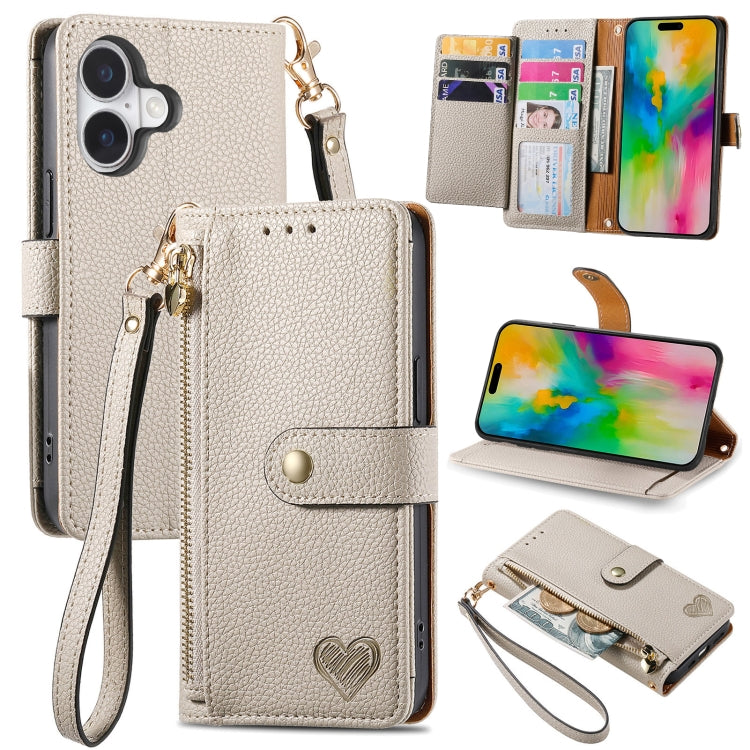 For iPhone 16 Plus Love Zipper Lanyard Leather Phone Case(Gray) by buy2fix