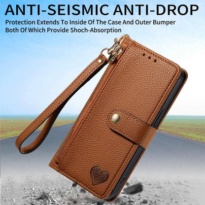 For iPhone 16e Love Zipper Lanyard Leather Phone Case(Brown) - iPhone 16e Cases by buy2fix | Online Shopping UK | buy2fix