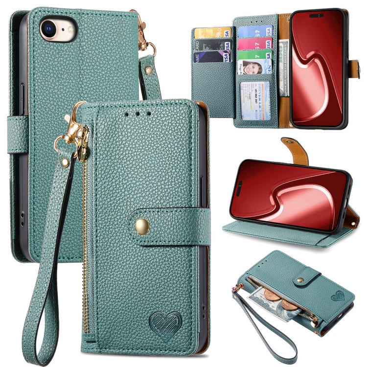 For iPhone 16e Love Zipper Lanyard Leather Phone Case(Green) - iPhone 16e Cases by buy2fix | Online Shopping UK | buy2fix